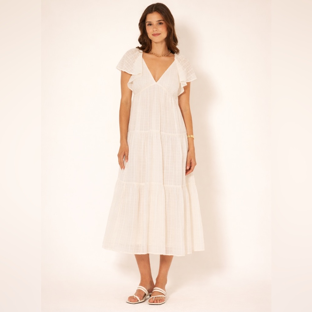 BILA77 Benecia‎ Dress Gardenia White Maxi NWT Boho Tiered Flutter Sleeve Size M